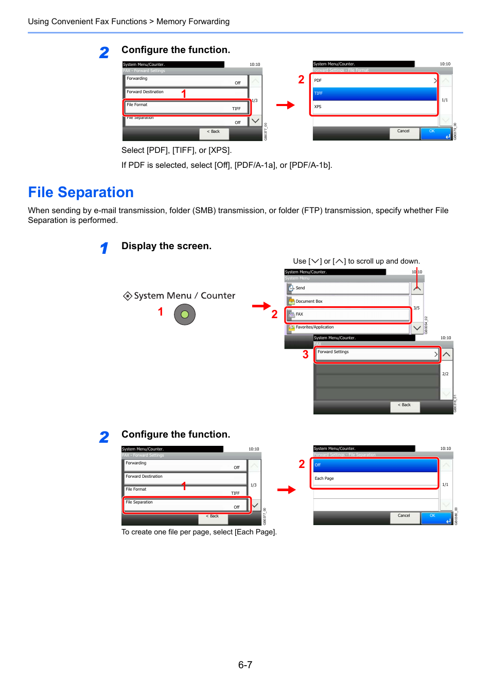 File separation, File separation -7, Configure the function | Display the screen, Use [ ] or [ ] to scroll up and down | TA Triumph-Adler 261ci User Manual | Page 92 / 212