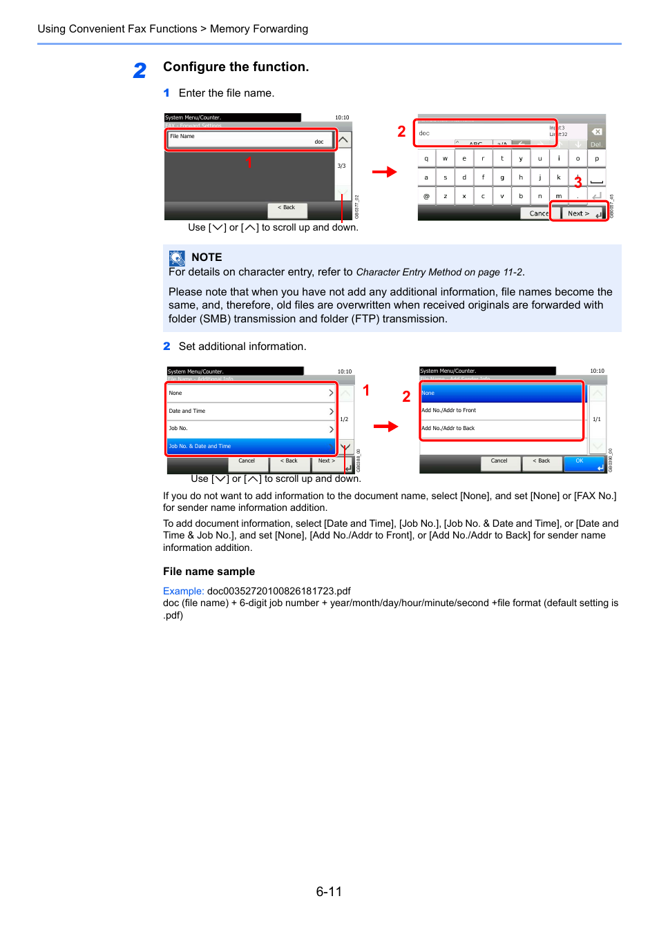 Configure the function, 1enter the file name. 2 set additional information, File name sample | TA Triumph-Adler 261ci User Manual | Page 96 / 212