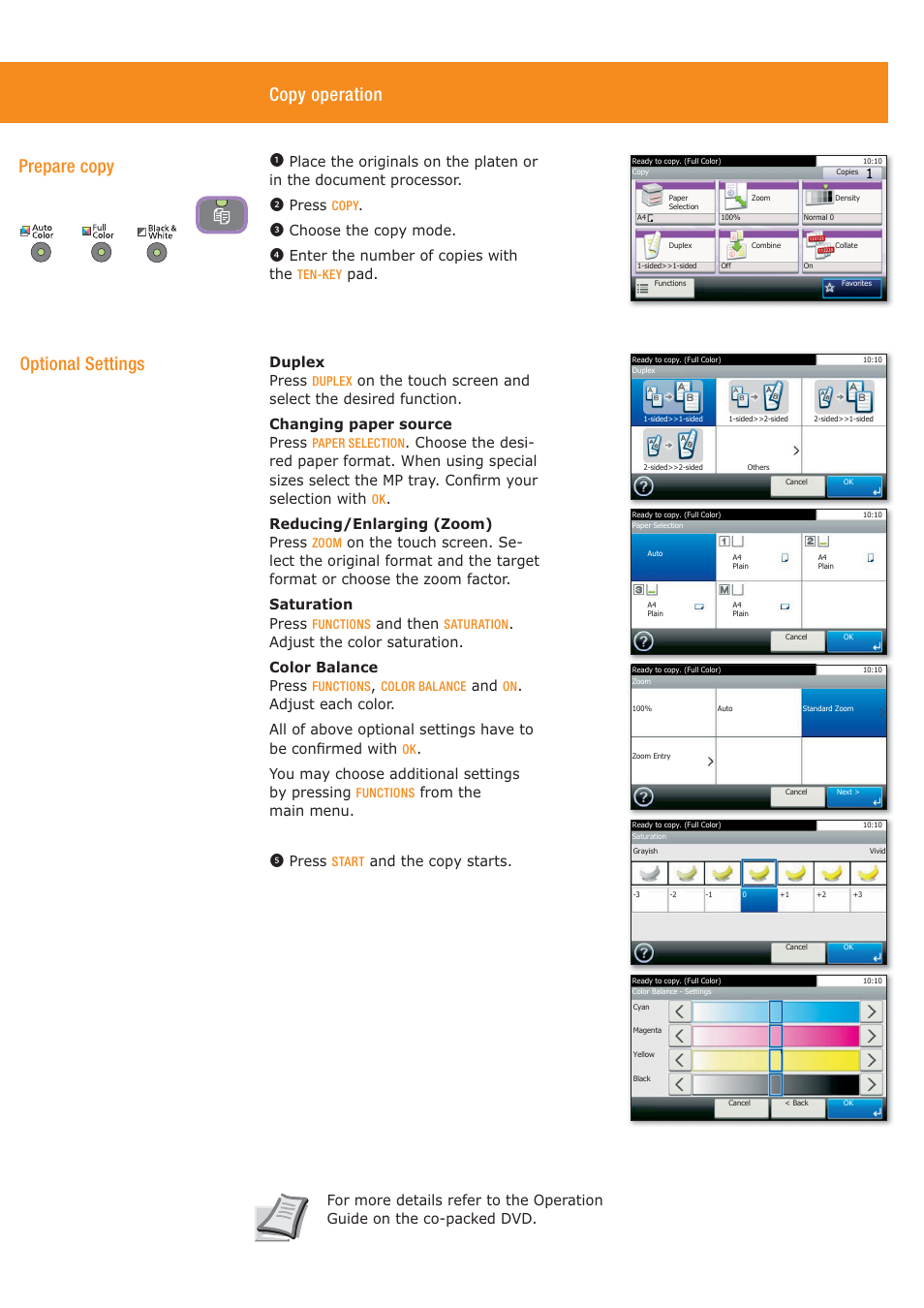 Copy operation, Prepare copy optional settings, Press | Choose the copy mode, Enter the number of copies with the, Pad. duplex press, Reducing/enlarging (zoom) press, And then, Adjust the color saturation. color balance press, You may choose additional settings by pressing | TA Triumph-Adler 261ci User Manual | Page 4 / 4