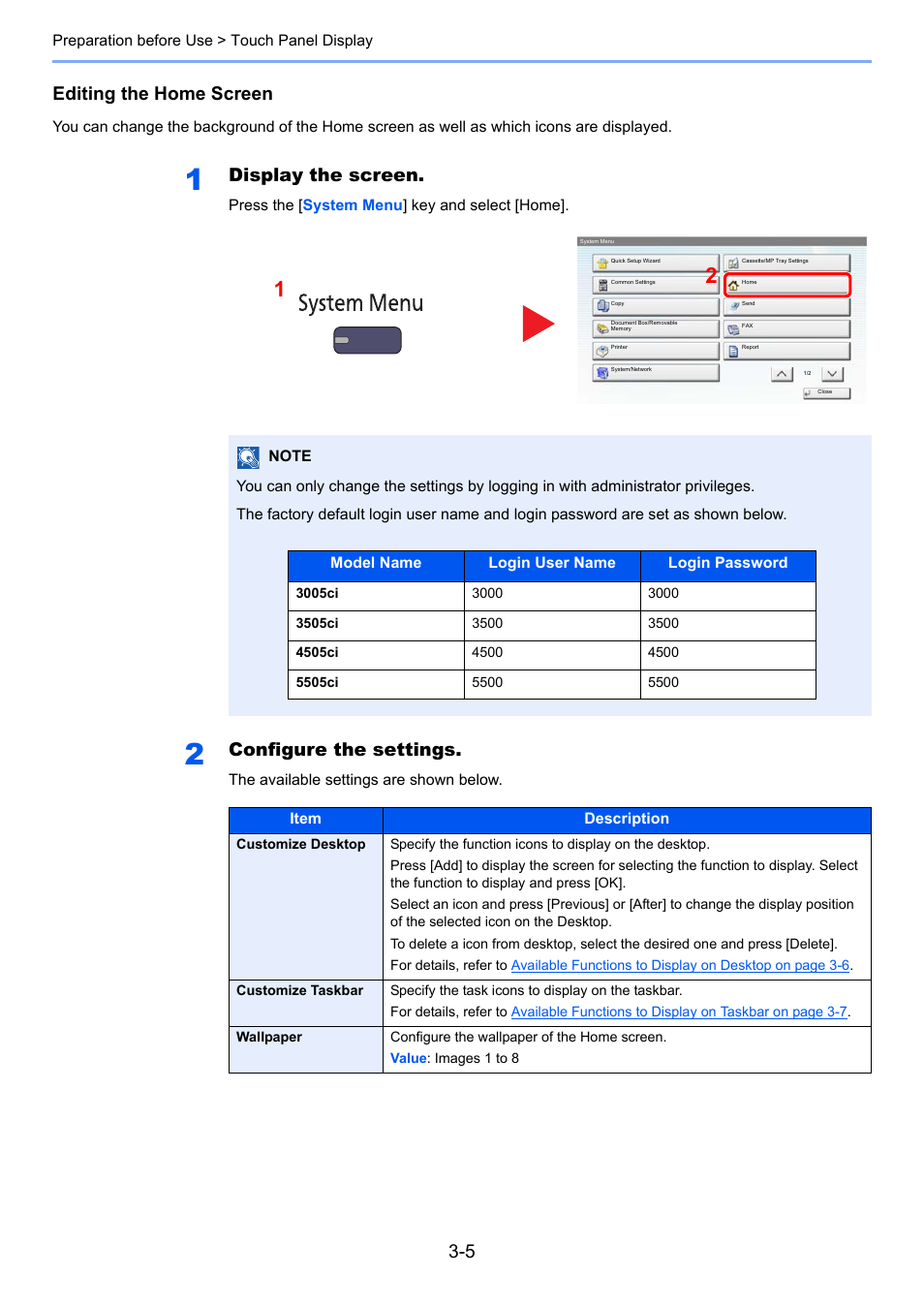 Editing the home screen, Display the screen, Configure the settings | TA Triumph-Adler 3005ci User Manual | Page 109 / 572