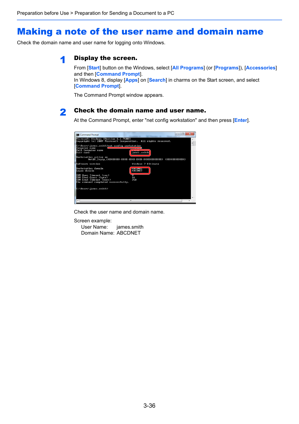 Making a note of the user name and domain name, Making a note of the user name and domain name -36 | TA Triumph-Adler 3005ci User Manual | Page 140 / 572