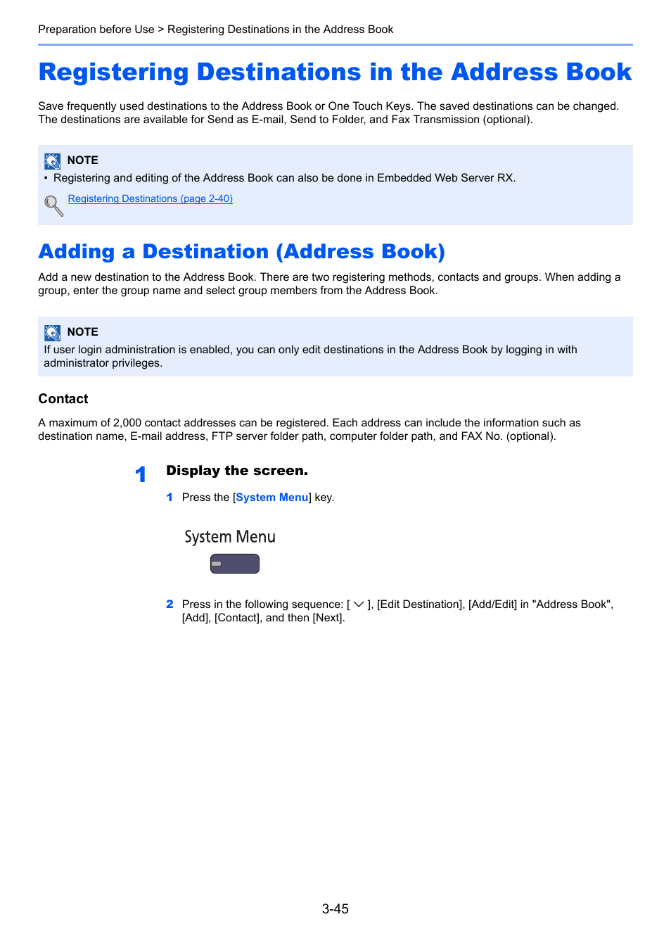 Registering destinations in the address book, Adding a destination (address book), Registering destinations in the address book -45 | Adding a destination (address book) -45 | TA Triumph-Adler 3005ci User Manual | Page 149 / 572