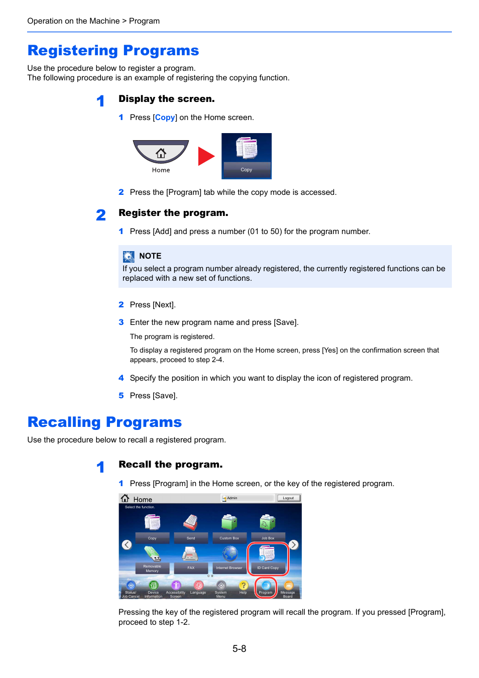 Registering programs, Recalling programs, Registering programs -8 recalling programs -8 | Registering programs -8, Recalling programs -8, Display the screen, Register the program, Recall the program | TA Triumph-Adler 3005ci User Manual | Page 184 / 572