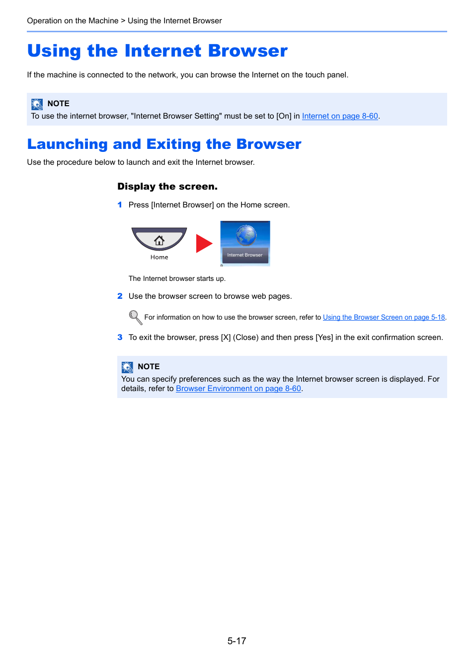 Using the internet browser, Launching and exiting the browser, Using the internet browser -17 | Launching and exiting the browser -17 | TA Triumph-Adler 3005ci User Manual | Page 193 / 572
