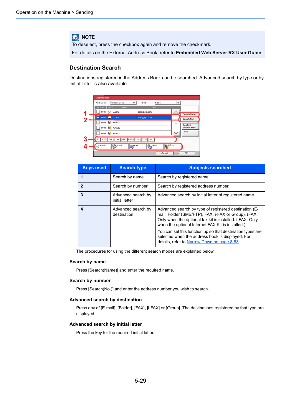 Destination search, Operation on the machine > sending, Search by name | Search by number, Advanced search by destination, Advanced search by initial letter | TA Triumph-Adler 3005ci User Manual | Page 205 / 572