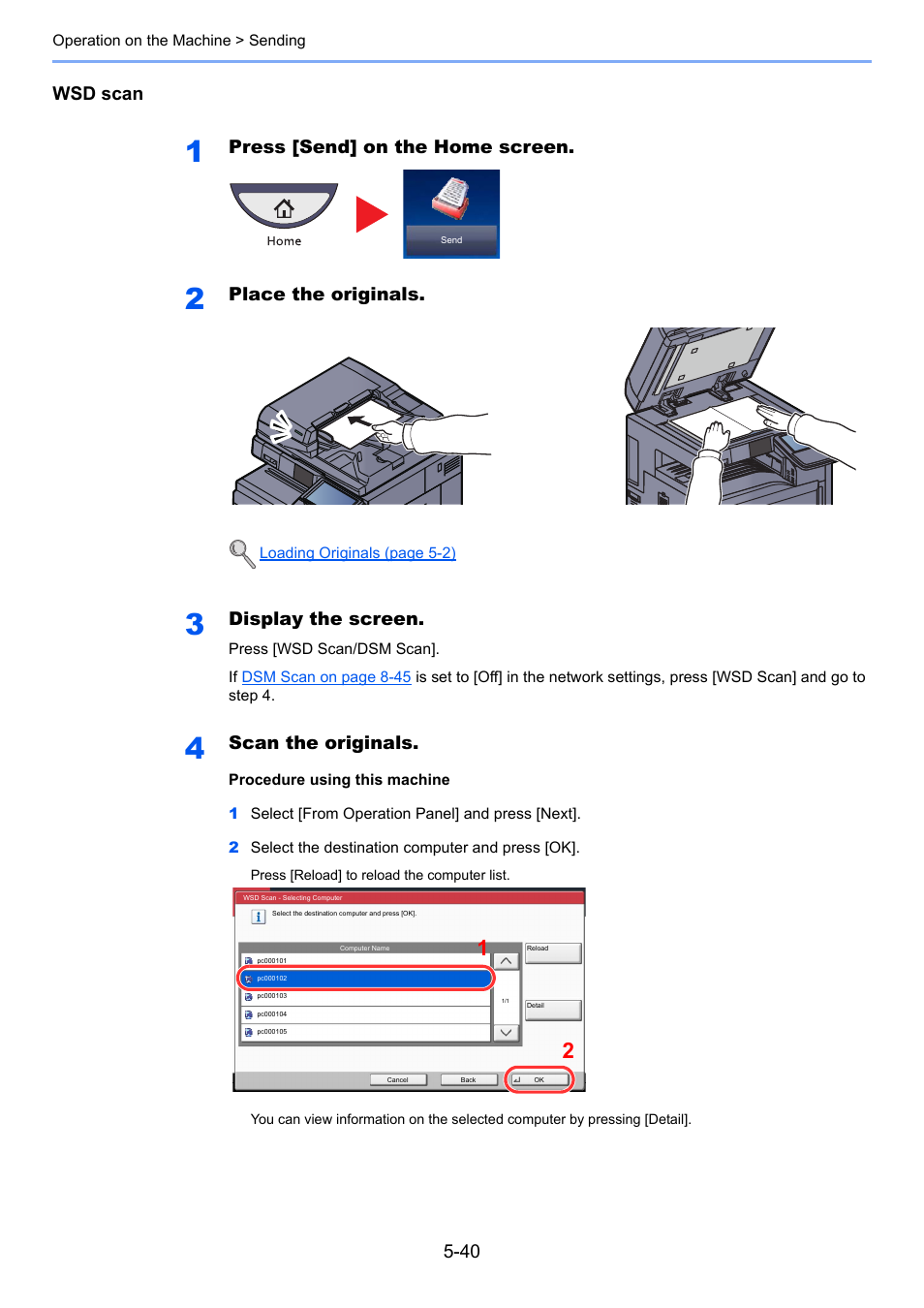 Wsd scan, Press [send] on the home screen, Place the originals | Display the screen, Scan the originals | TA Triumph-Adler 3005ci User Manual | Page 216 / 572
