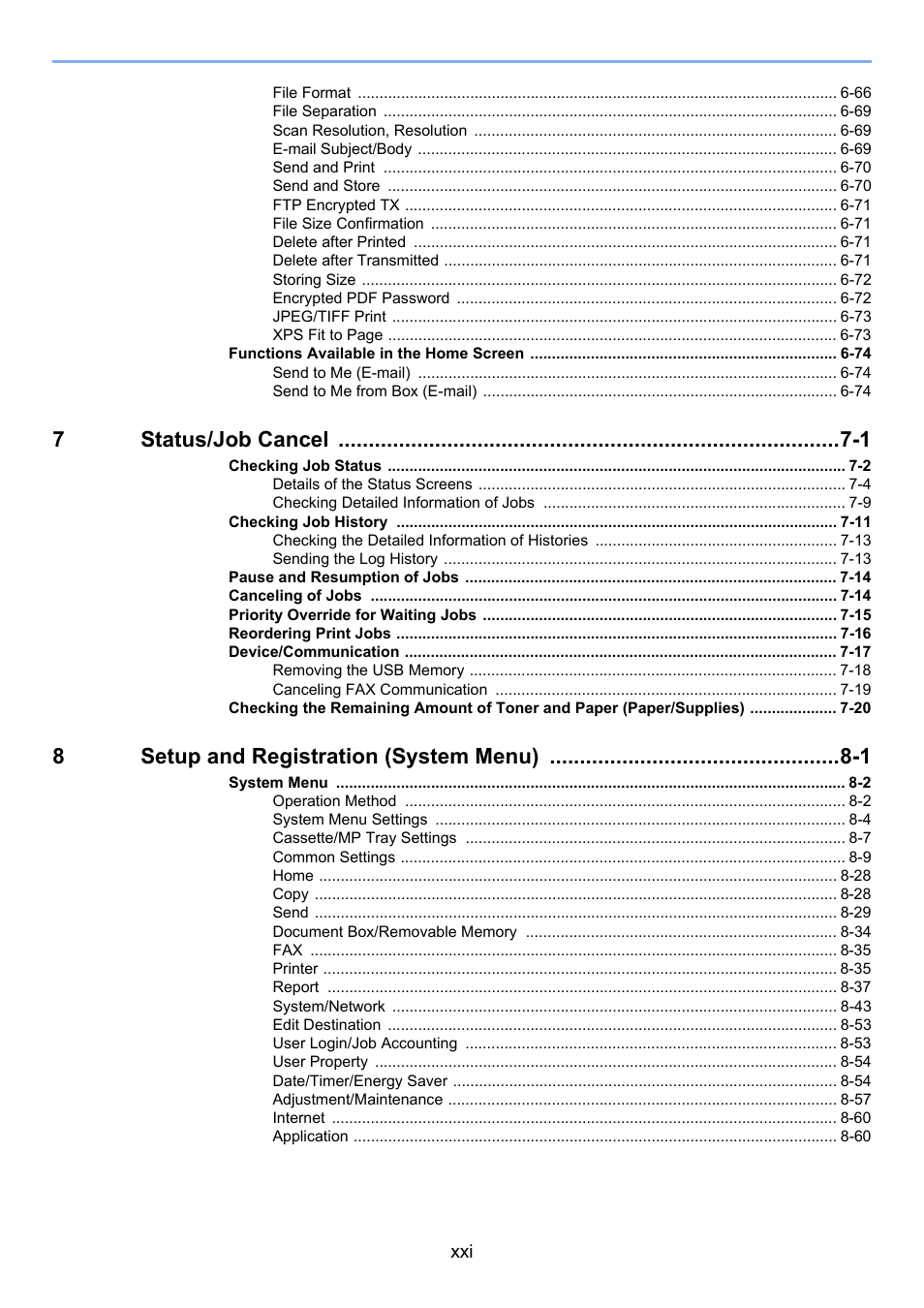 7status/job cancel -1, 8setup and registration (system menu) -1 | TA Triumph-Adler 3005ci User Manual | Page 22 / 572