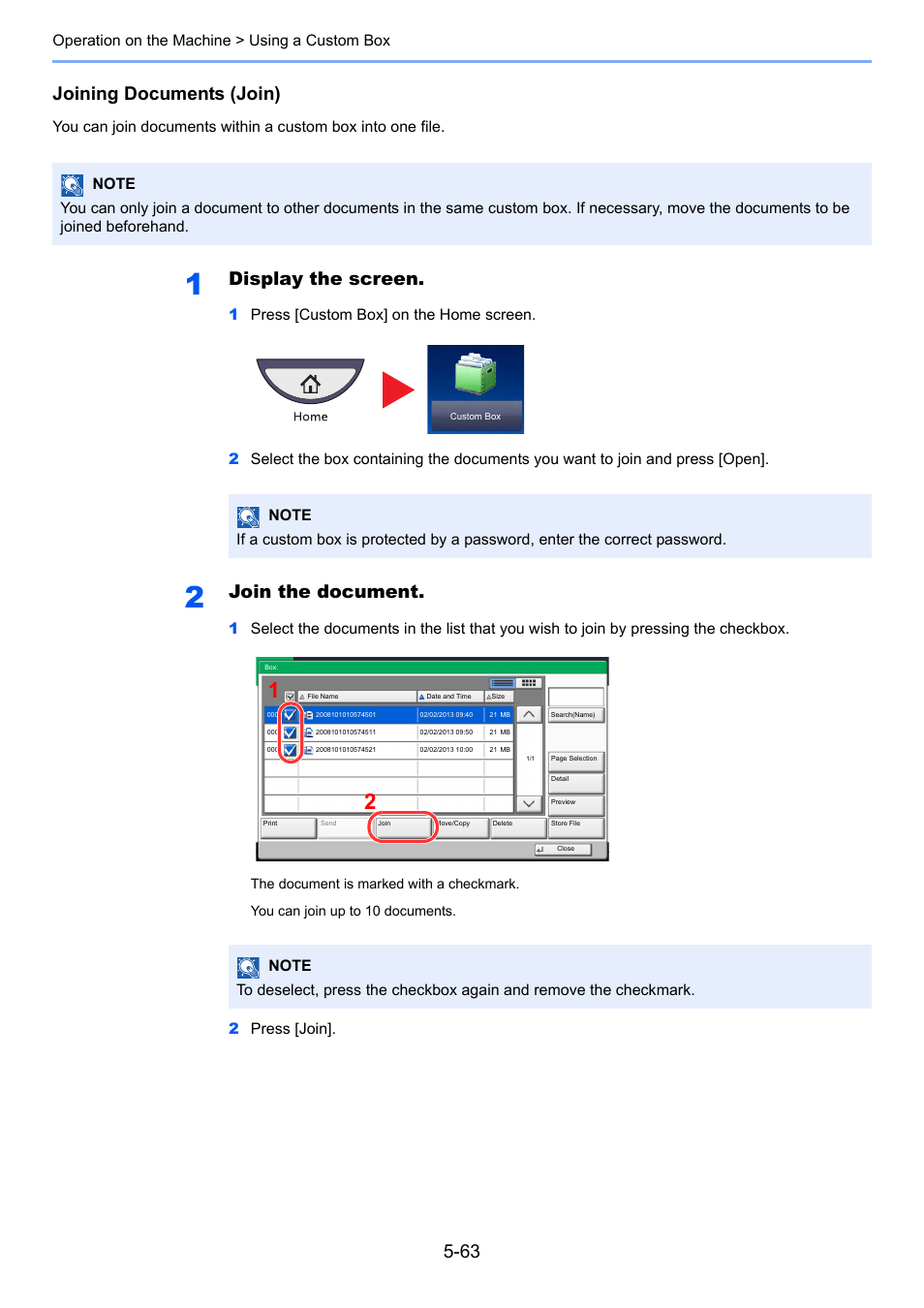 Joining documents (join), Display the screen, Join the document | Operation on the machine > using a custom box | TA Triumph-Adler 3005ci User Manual | Page 239 / 572