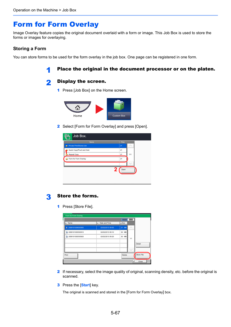 Form for form overlay, Form for form overlay -67, Storing a form | Display the screen, Store the forms | TA Triumph-Adler 3005ci User Manual | Page 243 / 572