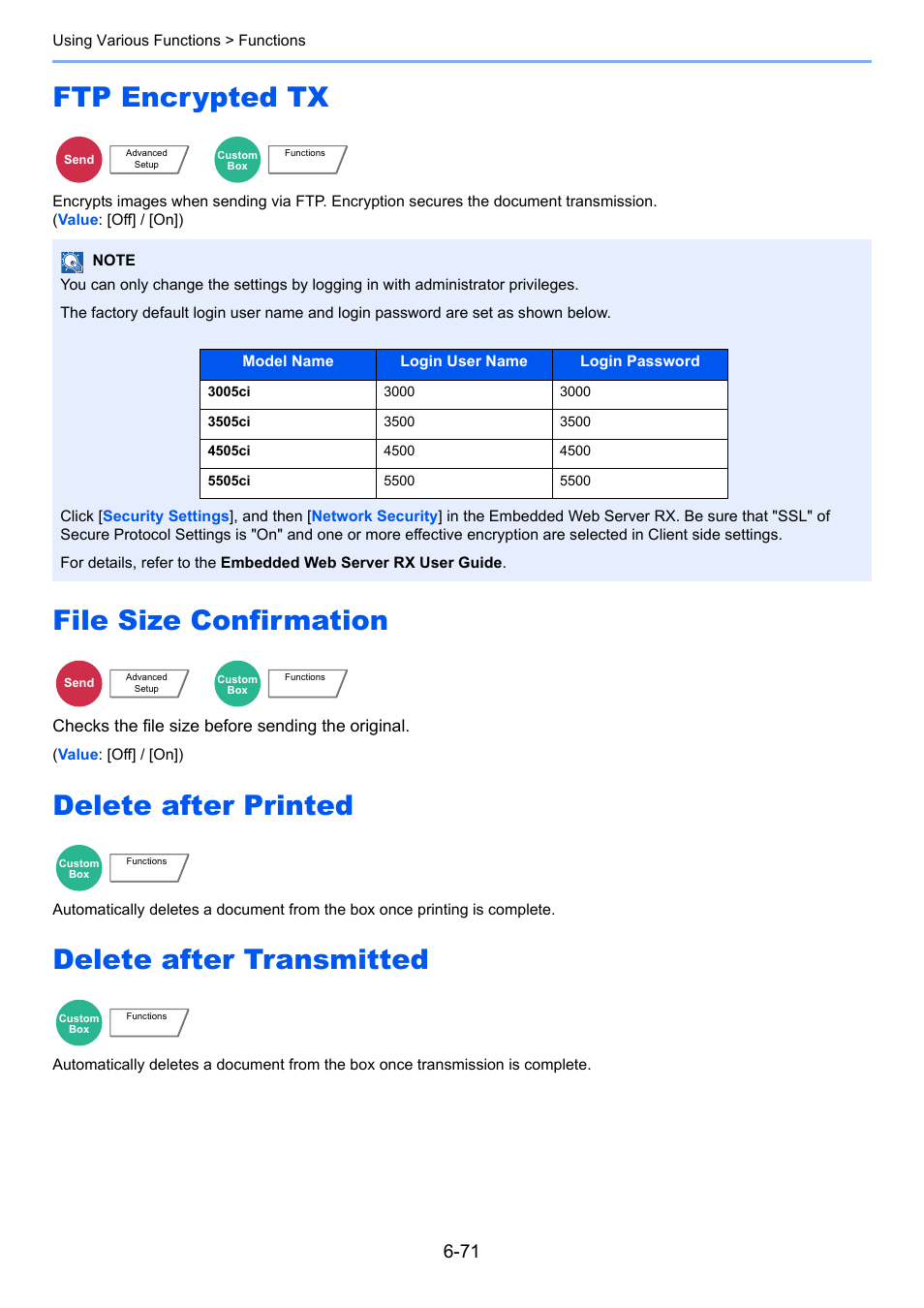 Ftp encrypted tx, File size confirmation, Delete after printed | Delete after transmitted | TA Triumph-Adler 3005ci User Manual | Page 323 / 572