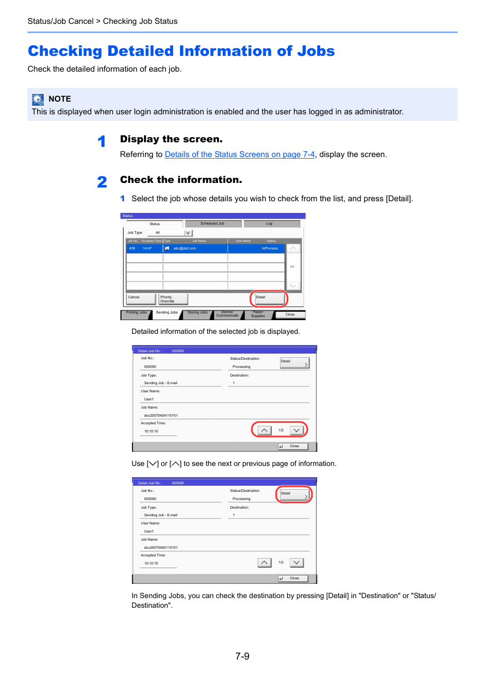Checking detailed information of jobs, Checking detailed information of jobs -9, Checking detailed information | Display the screen, Check the information, Status/job cancel > checking job status, Check the detailed information of each job | TA Triumph-Adler 3005ci User Manual | Page 335 / 572