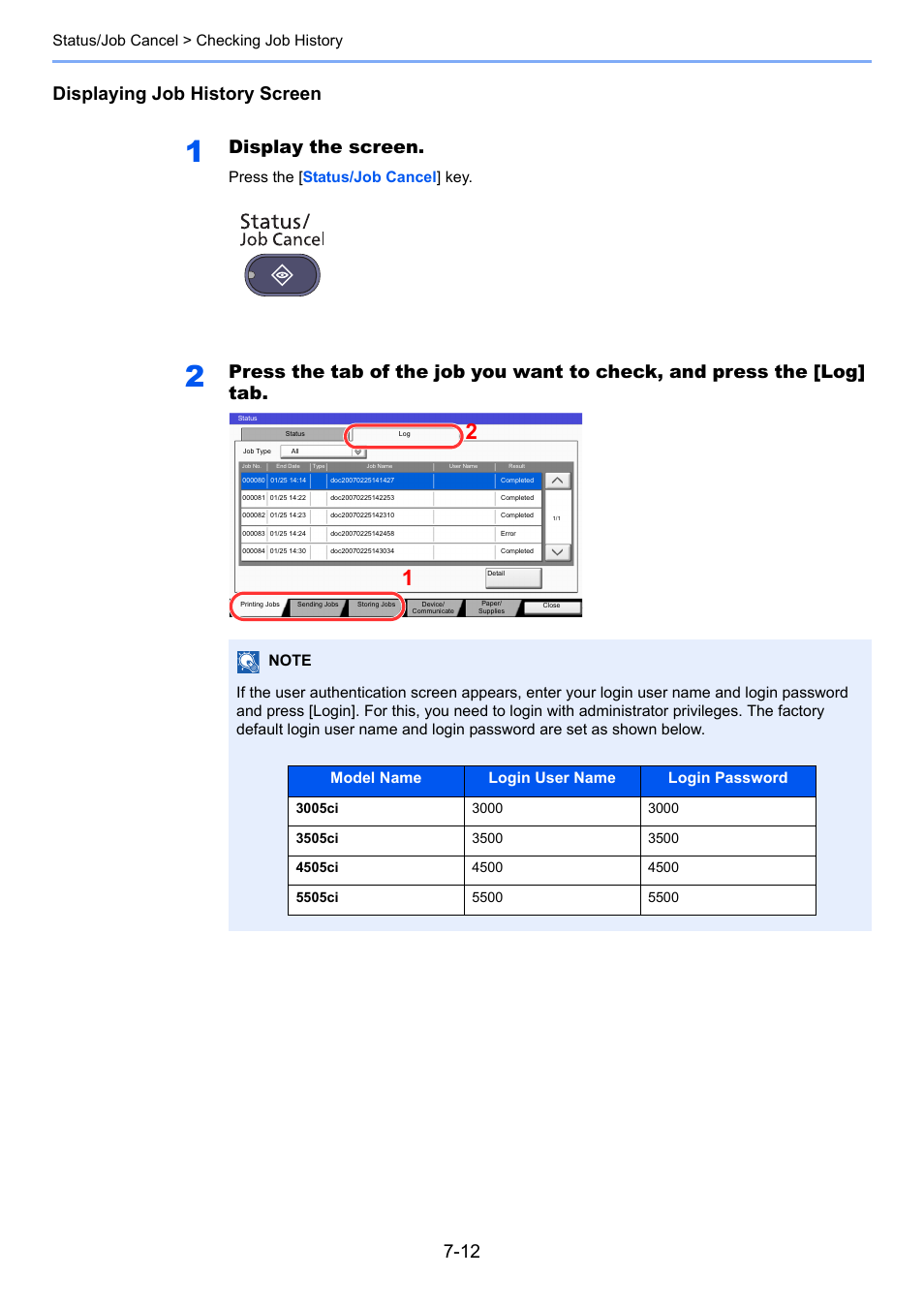 Displaying job history screen, Display the screen, Status/job cancel > checking job history | Press the [ status/job cancel ] key, Model name login user name login password | TA Triumph-Adler 3005ci User Manual | Page 338 / 572