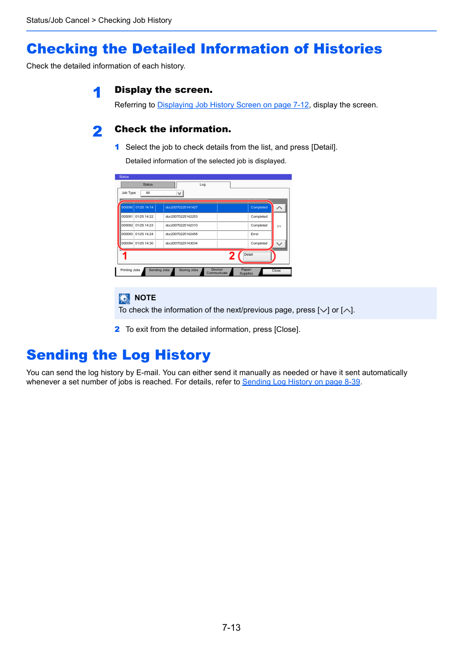 Checking the detailed information of histories, Sending the log history, Display the screen | Check the information, Status/job cancel > checking job history, Check the detailed information of each history | TA Triumph-Adler 3005ci User Manual | Page 339 / 572