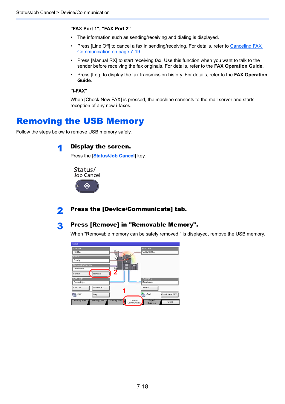 Removing the usb memory, Removing the usb memory -18, Display the screen | Press the [device/communicate] tab | TA Triumph-Adler 3005ci User Manual | Page 344 / 572