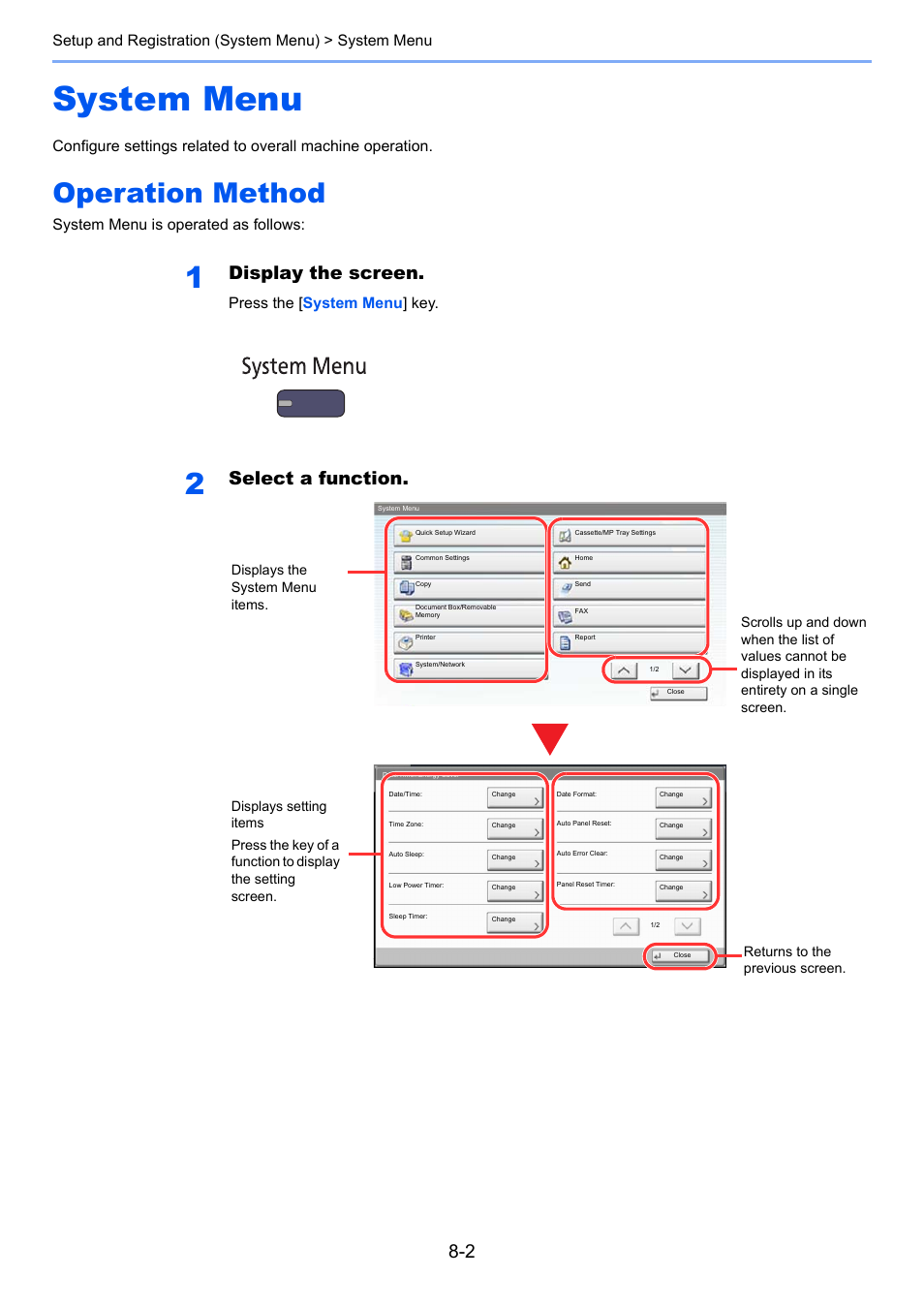 System menu, Operation method, System menu -2 | Operation method -2, Display the screen, Select a function, Setup and registration (system menu) > system menu, System menu is operated as follows, Press the [ system menu ] key | TA Triumph-Adler 3005ci User Manual | Page 348 / 572