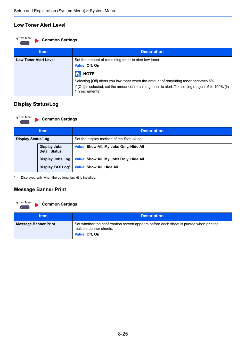 Display status, This settin, Low toner alert level display status/log | Message banner print | TA Triumph-Adler 3005ci User Manual | Page 371 / 572