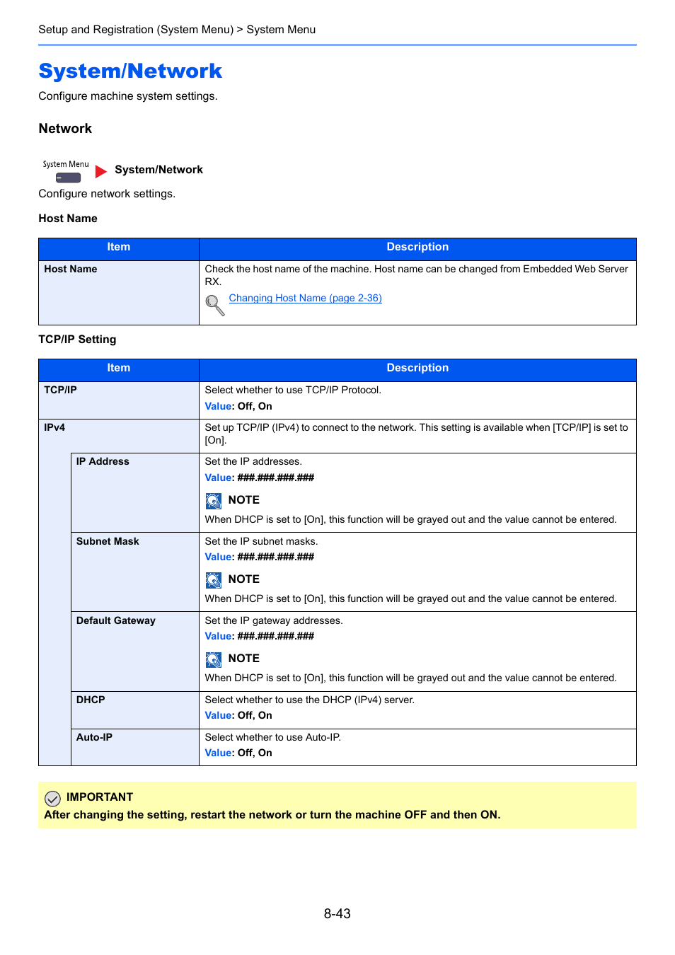 System/network, System/network -43, Network | Tcp/ip setting | TA Triumph-Adler 3005ci User Manual | Page 389 / 572