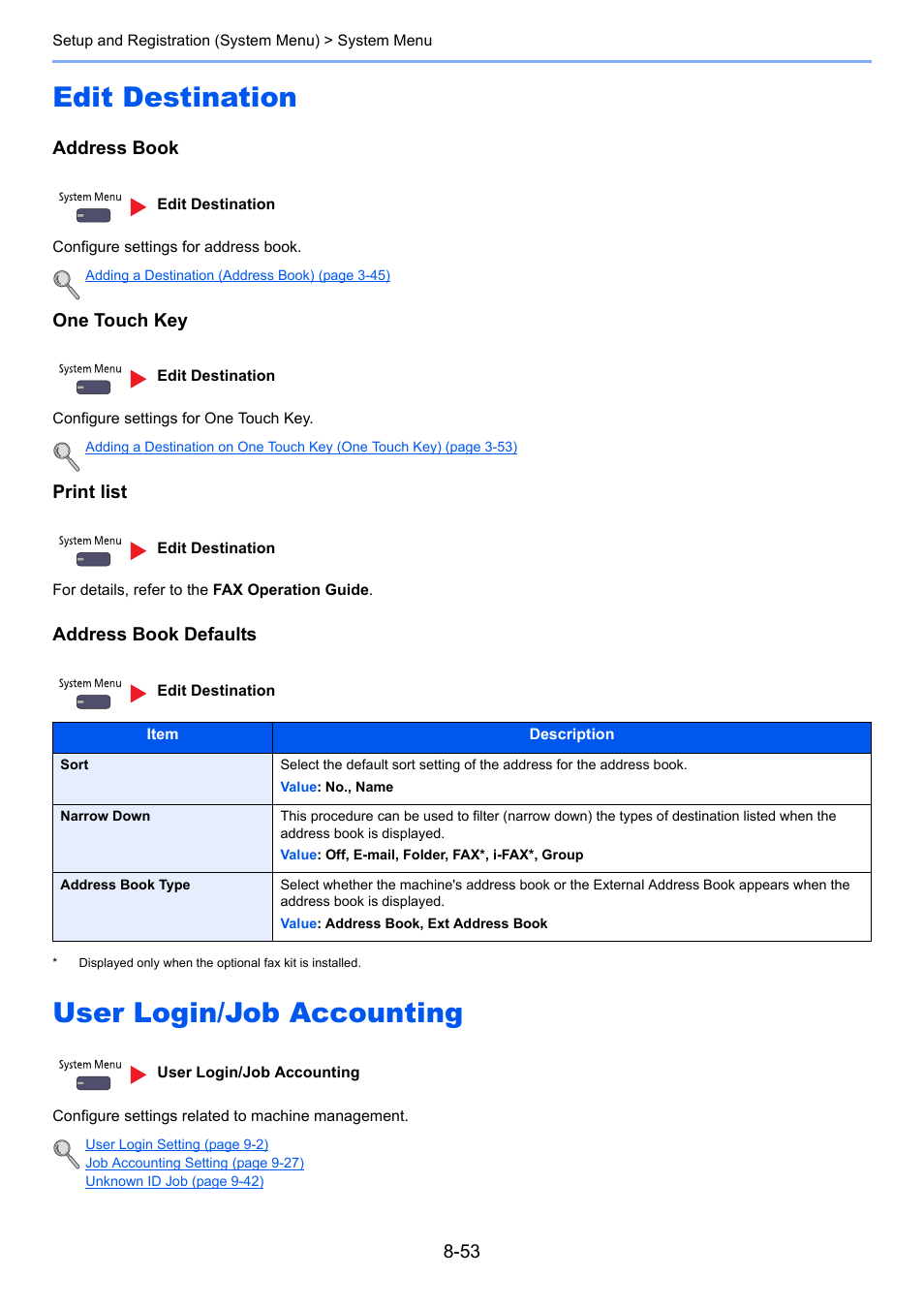Edit destination, User login/job accounting, Edit destination -53 user login/job accounting -53 | Address book defaults | TA Triumph-Adler 3005ci User Manual | Page 399 / 572