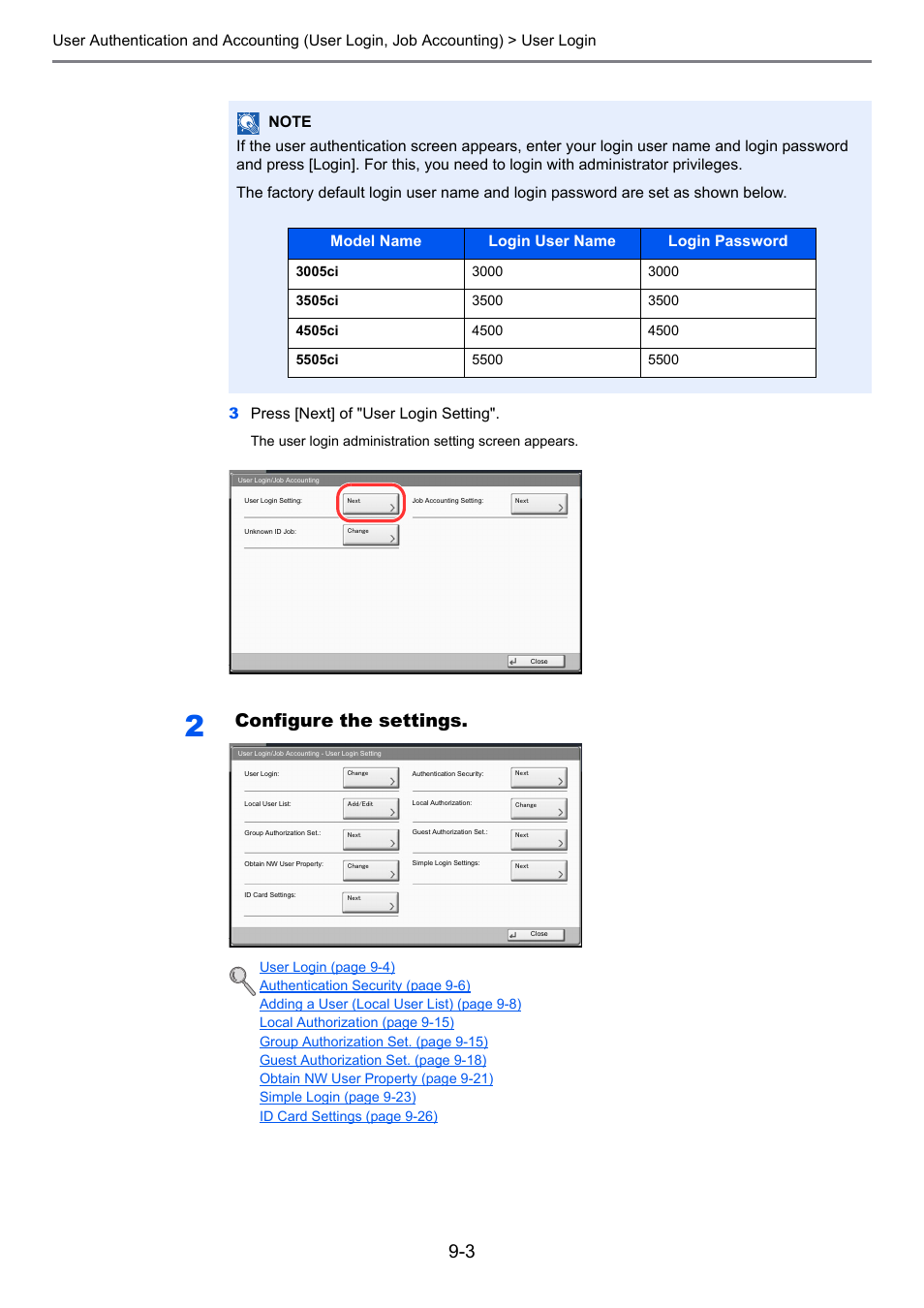 Configure the settings, Model name login user name login password | TA Triumph-Adler 3005ci User Manual | Page 409 / 572