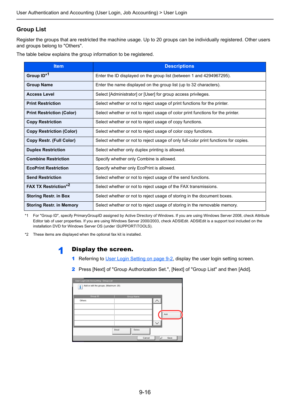 Group list, Display the screen | TA Triumph-Adler 3005ci User Manual | Page 422 / 572
