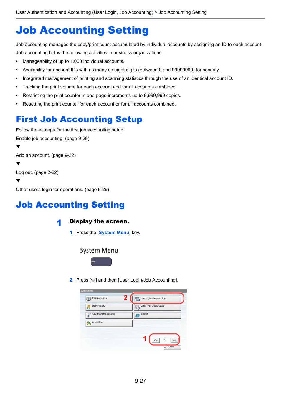 Job accounting setting, First job accounting setup, Job accounting setting -27 | Display the screen | TA Triumph-Adler 3005ci User Manual | Page 433 / 572