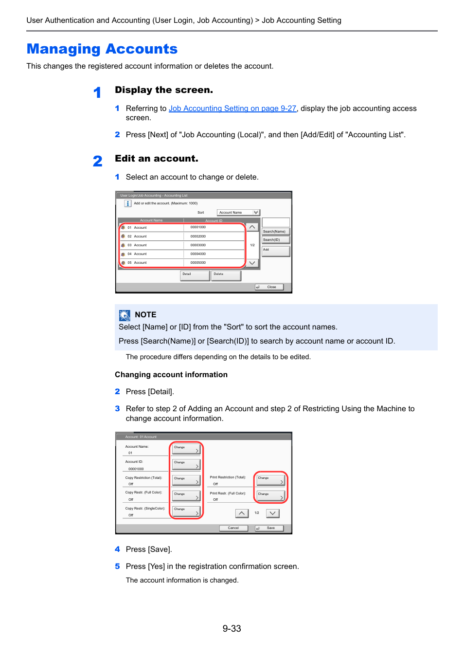 Managing accounts, Managing accounts -33, Display the screen | Edit an account, 1select an account to change or delete, The account information is changed | TA Triumph-Adler 3005ci User Manual | Page 439 / 572