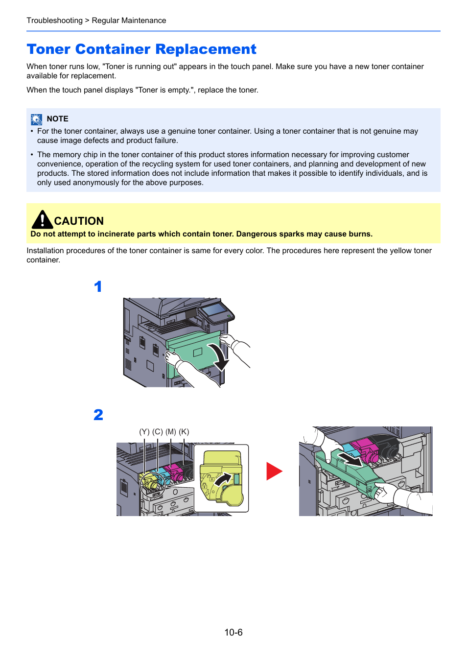 Toner container replacement, Toner container replacement -6, Caution | TA Triumph-Adler 3005ci User Manual | Page 454 / 572