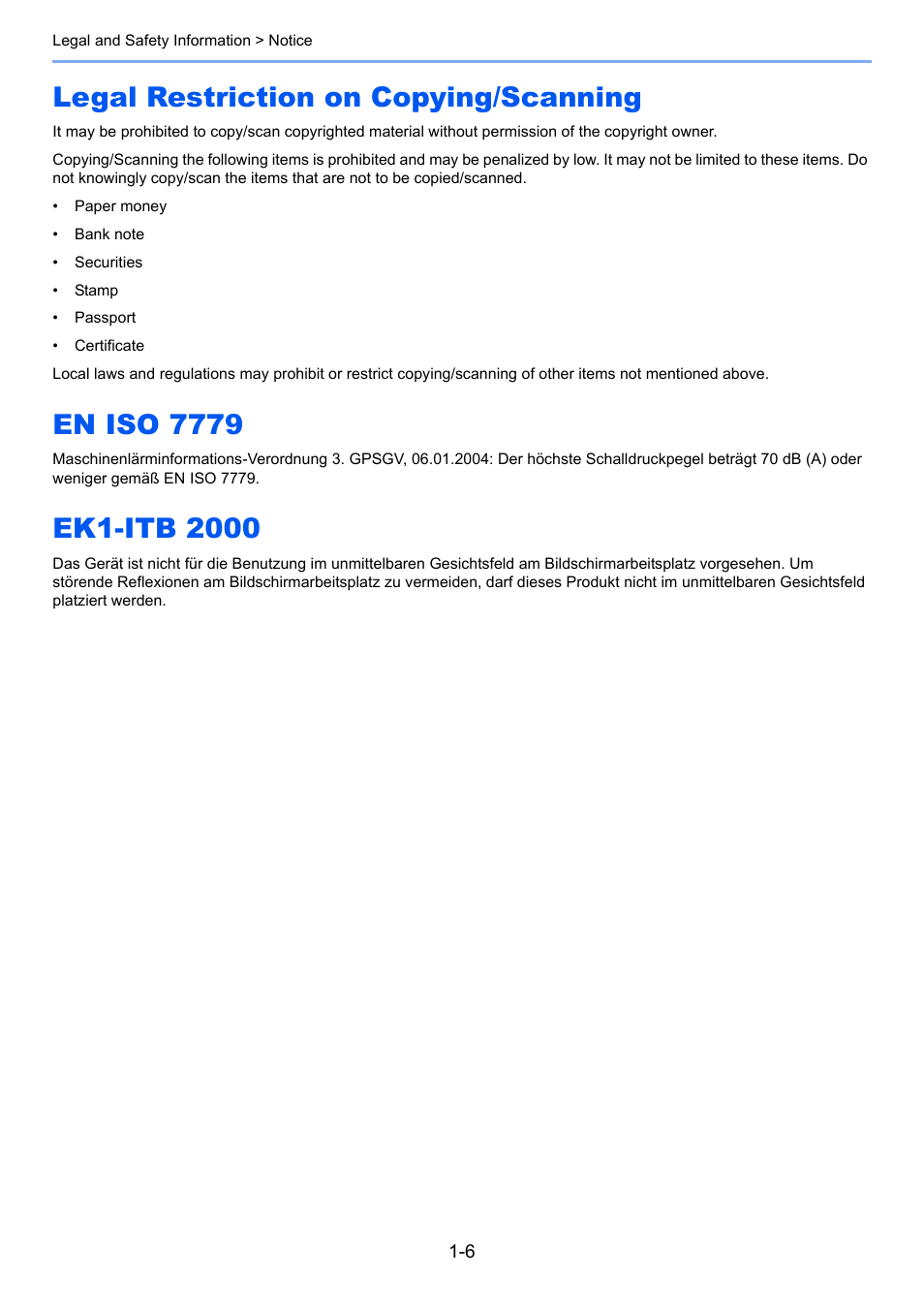 Legal restriction on copying/scanning, En iso 7779, Ek1-itb 2000 | TA Triumph-Adler 3005ci User Manual | Page 50 / 572