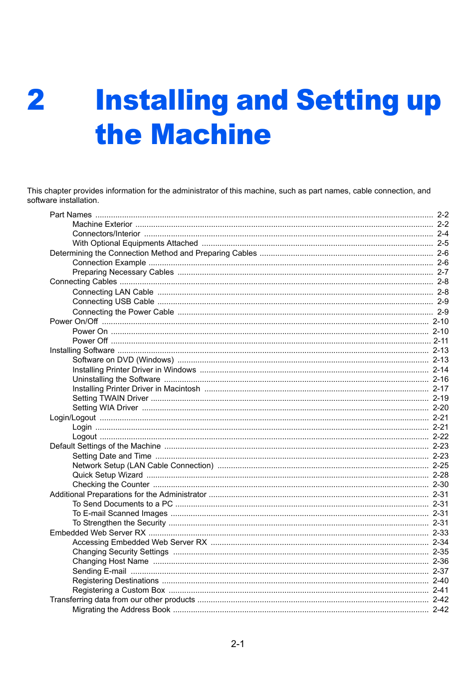 2 installing and setting up the machine, Installing and, Installing and setting up the machine | Installing and setting up the machine -1, 2installing and setting up the machine | TA Triumph-Adler 3005ci User Manual | Page 59 / 572
