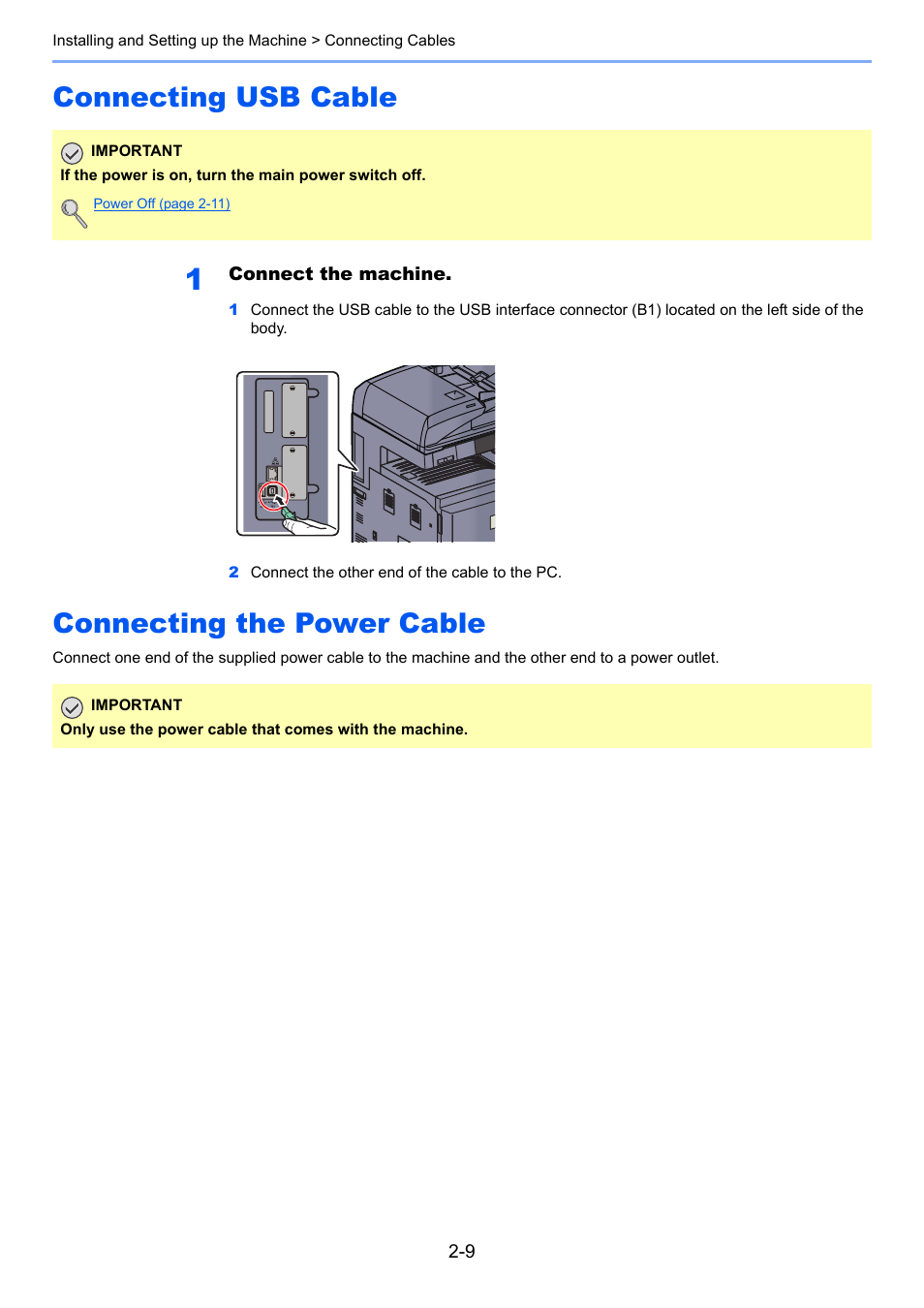 Connecting usb cable, Connecting the power cable | TA Triumph-Adler 3005ci User Manual | Page 67 / 572