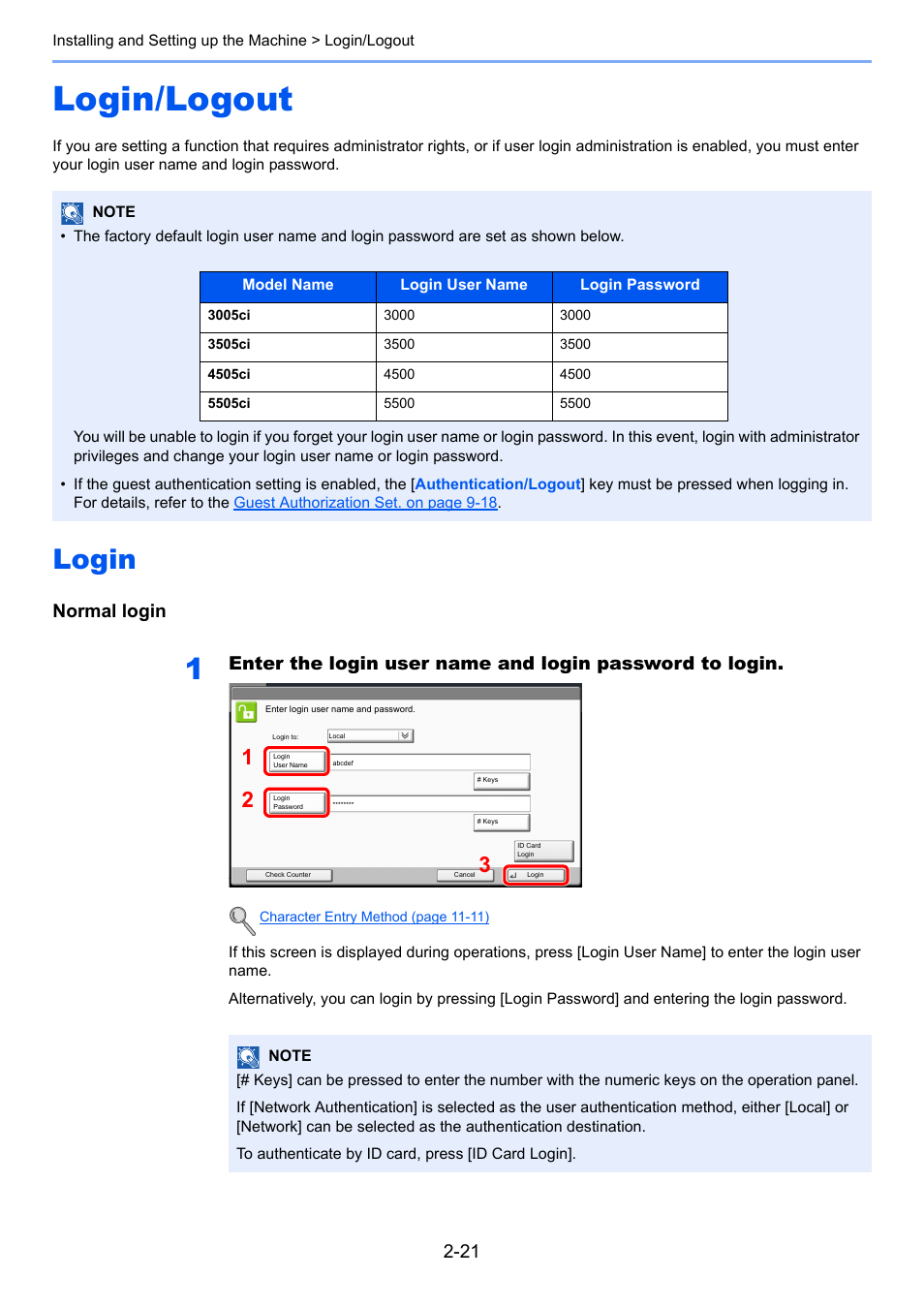 Login/logout, Login, Login/logout -21 | Login -21, Normal login | TA Triumph-Adler 3005ci User Manual | Page 79 / 572
