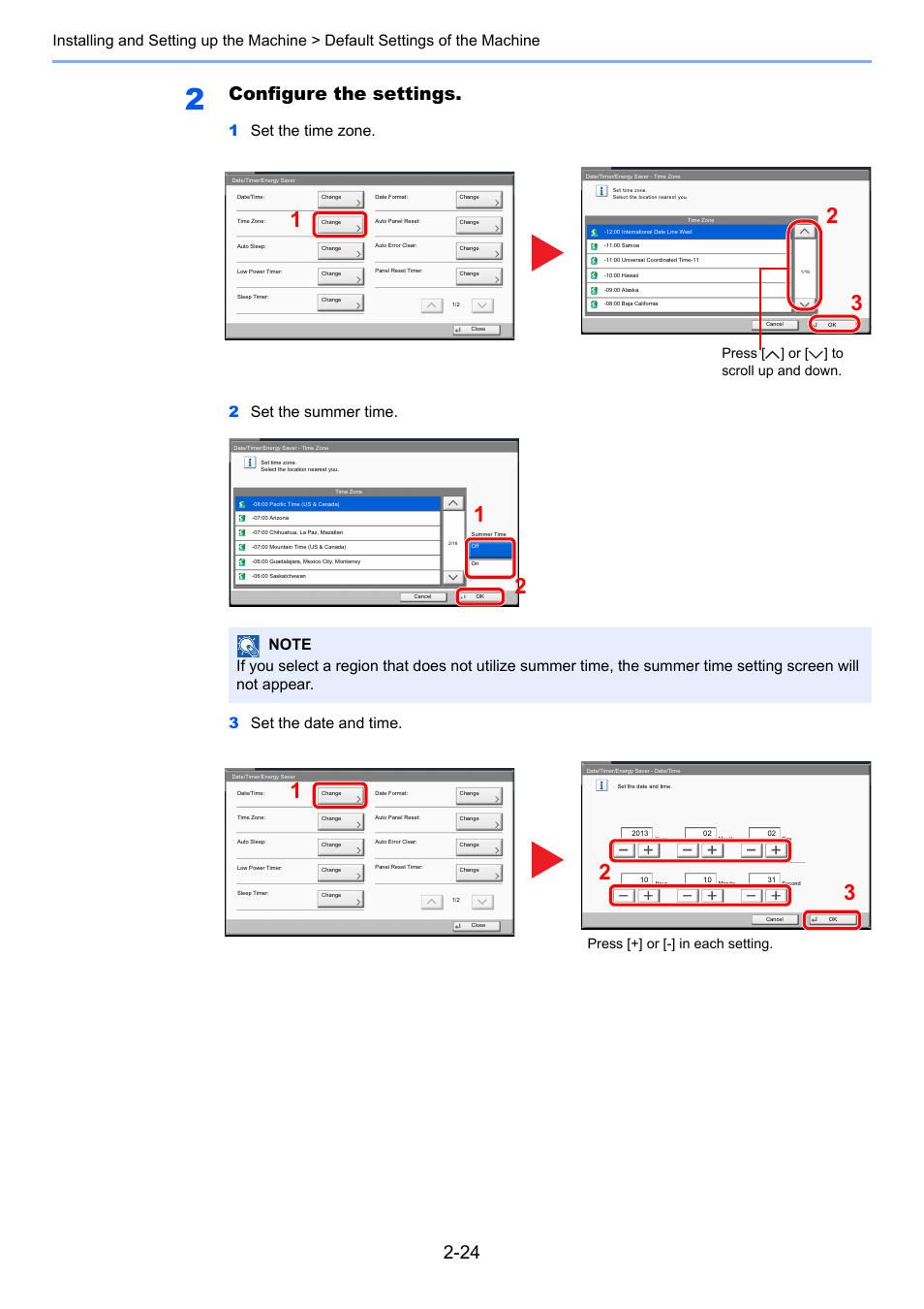 Configure the settings, Press [ ] or [ ] to scroll up and down, Press [+] or [-] in each setting | TA Triumph-Adler 3005ci User Manual | Page 82 / 572