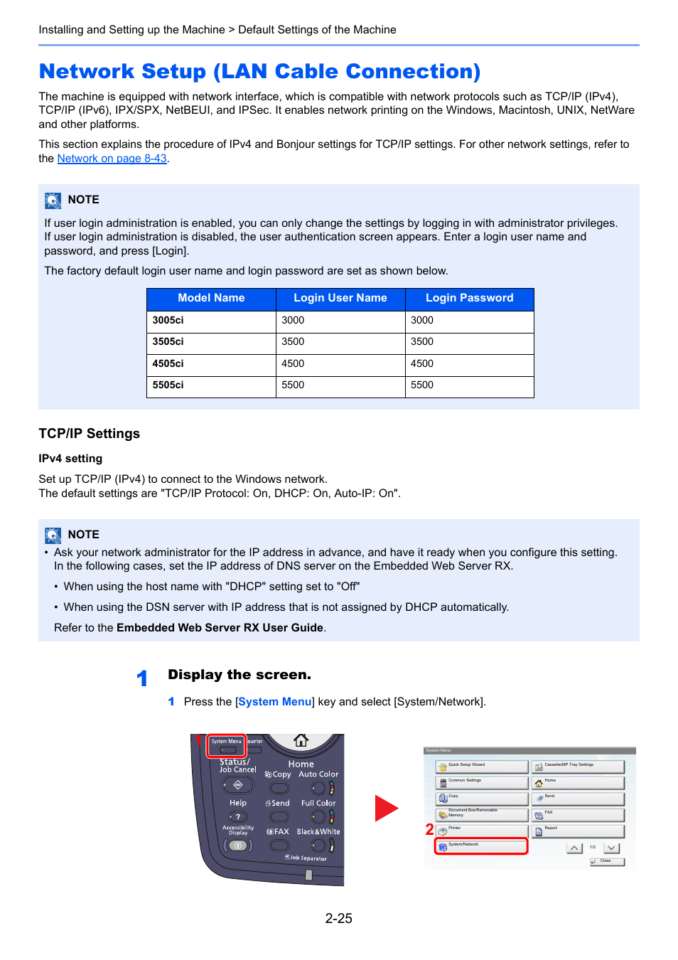 Network setup (lan cable connection), Network setup (lan cable connection) -25, Tcp/ip settings | Display the screen | TA Triumph-Adler 3005ci User Manual | Page 83 / 572