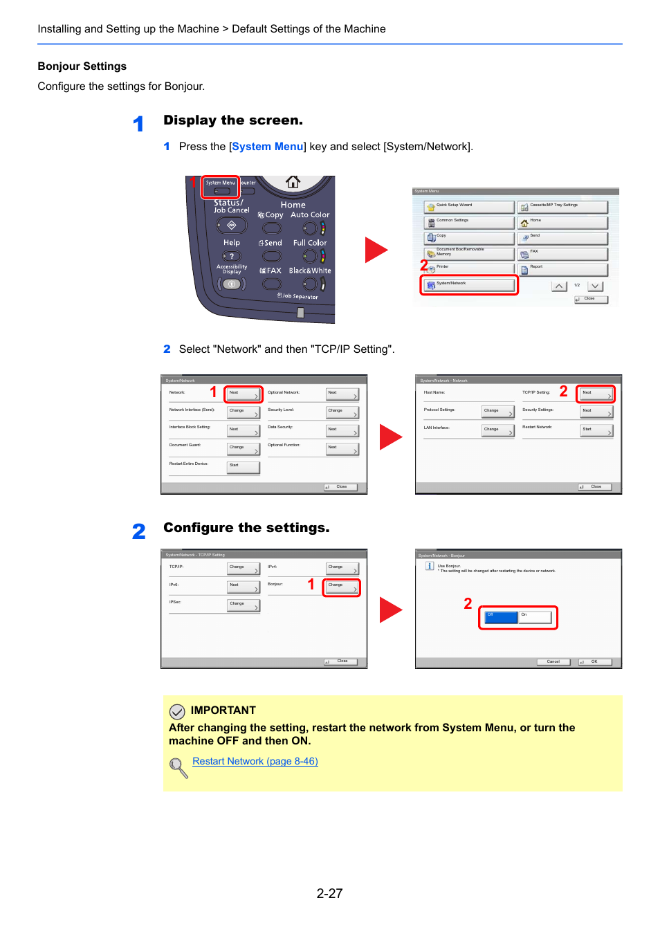 Display the screen, Configure the settings, Restart network (page 8-46) | TA Triumph-Adler 3005ci User Manual | Page 85 / 572