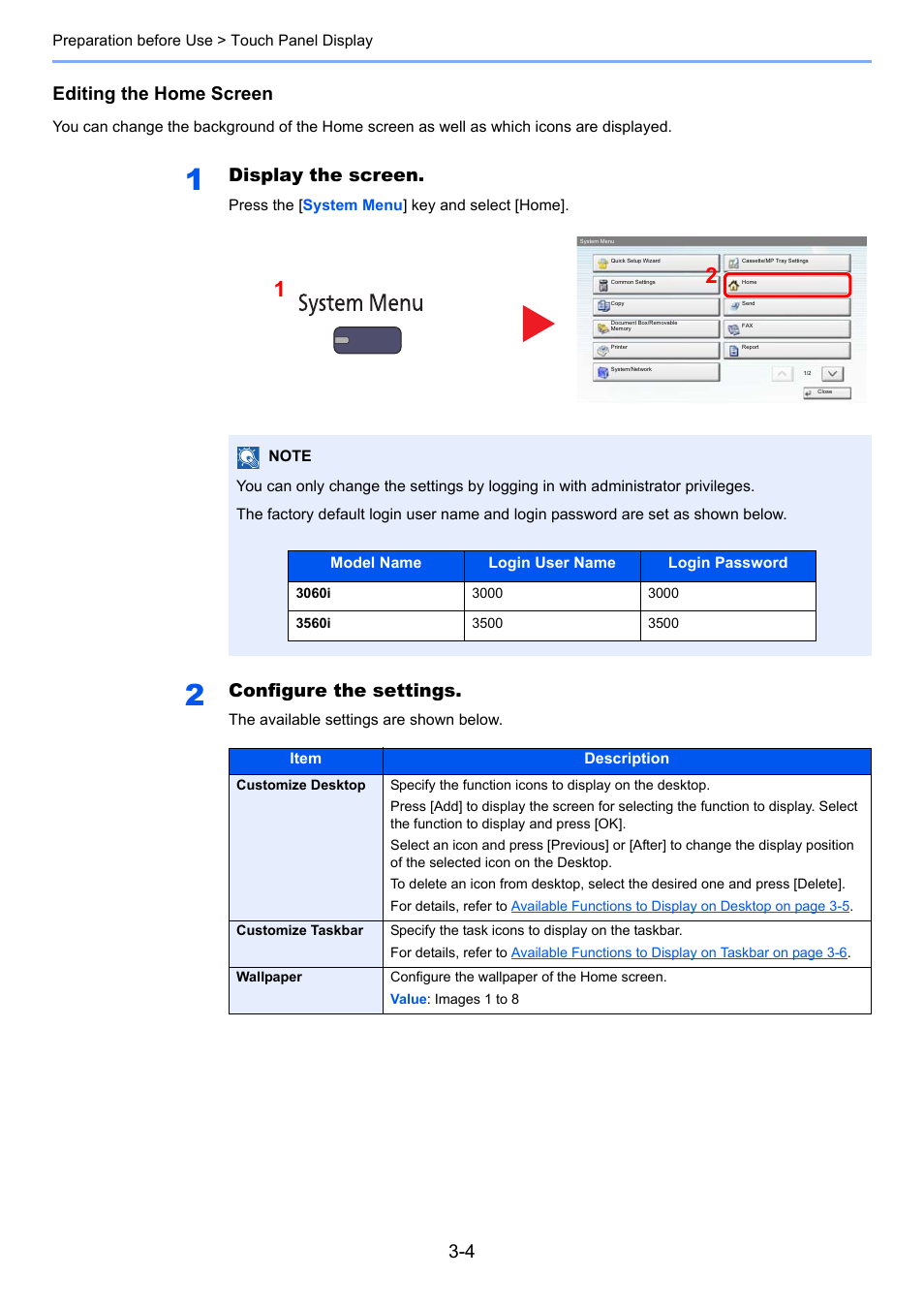 Editing the home screen, Display the screen, Configure the settings | TA Triumph-Adler 3060i User Manual | Page 114 / 526