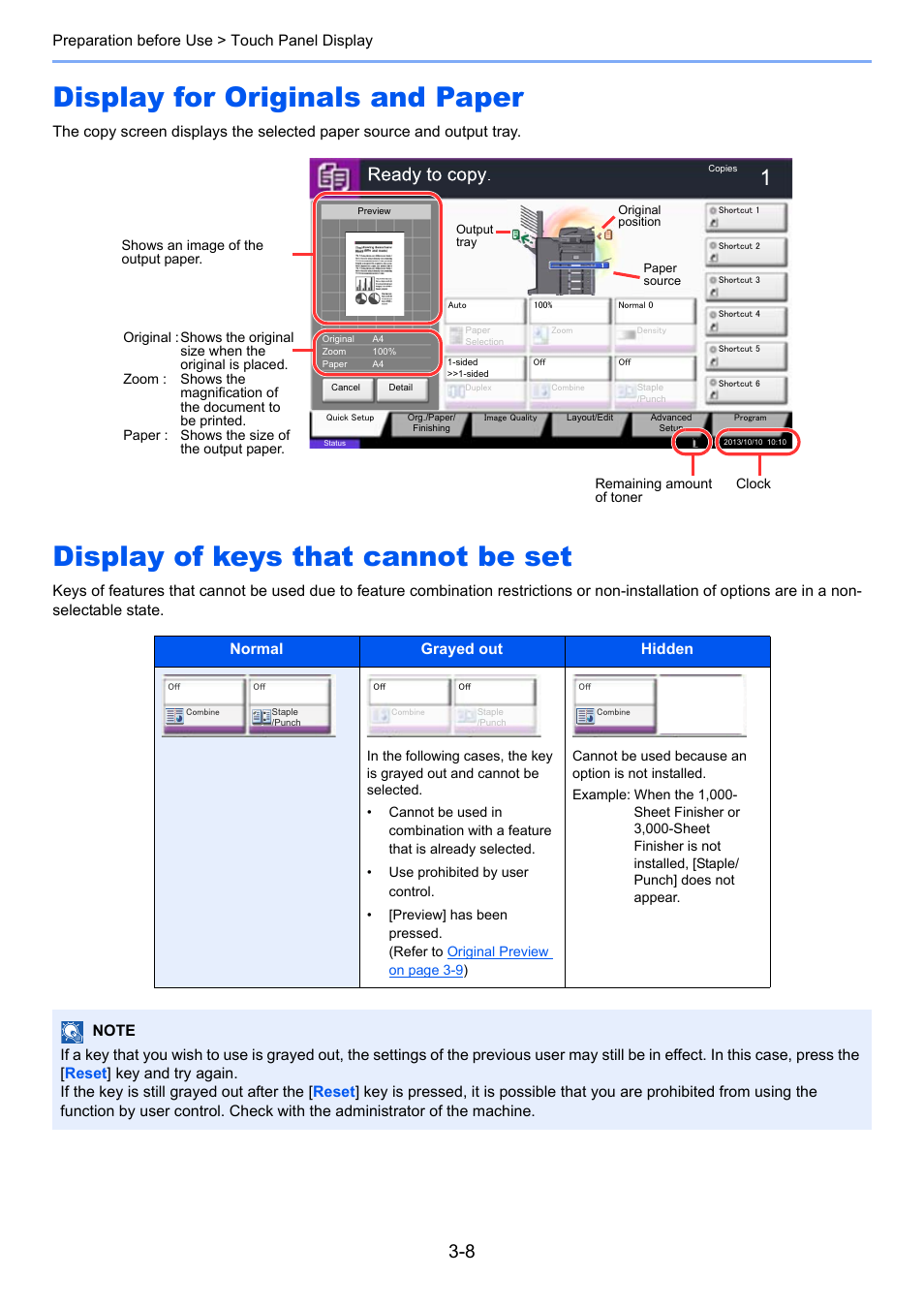 Display for originals and paper, Display of keys that cannot be set, Preparation before use > touch panel display | TA Triumph-Adler 3060i User Manual | Page 118 / 526