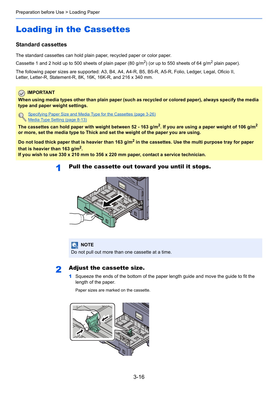 Loading in the cassettes, Loading in the cassettes -16 | TA Triumph-Adler 3060i User Manual | Page 126 / 526