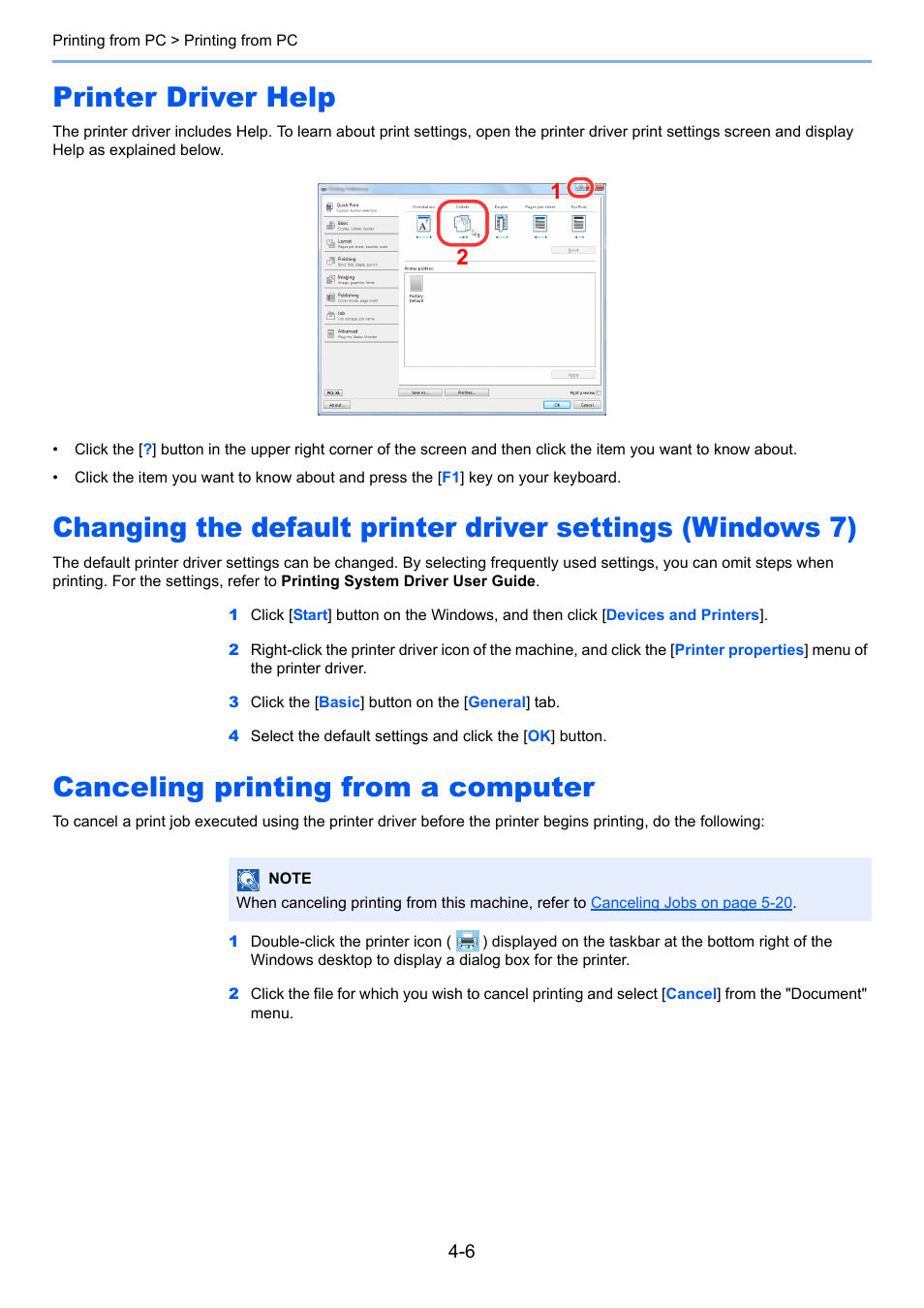 Printer driver help, Canceling printing from a computer | TA Triumph-Adler 3060i User Manual | Page 166 / 526