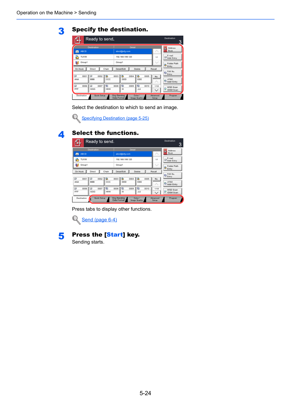 Specify the destination, Select the functions, Press the [ start ] key | Operation on the machine > sending, Select the destination to which to send an image, Press tabs to display other functions, Sending starts, Send (page 6-4), Specifying destination (page 5-25) | TA Triumph-Adler 3060i User Manual | Page 196 / 526