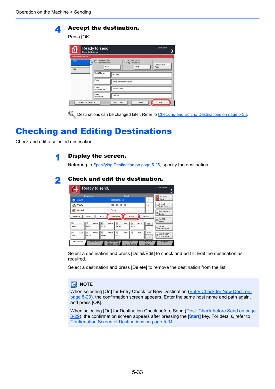 Checking and editing destinations, Checking and editing destinations -33, Fer to | Accept the destination, Display the screen, Check and edit the destination, Operation on the machine > sending, Press [ok, Check and edit a selected destination, Referring to | TA Triumph-Adler 3060i User Manual | Page 205 / 526