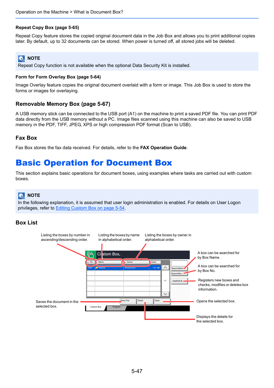 Basic operation for document box, Basic operation for document box -47, Fax box | Box list | TA Triumph-Adler 3060i User Manual | Page 219 / 526