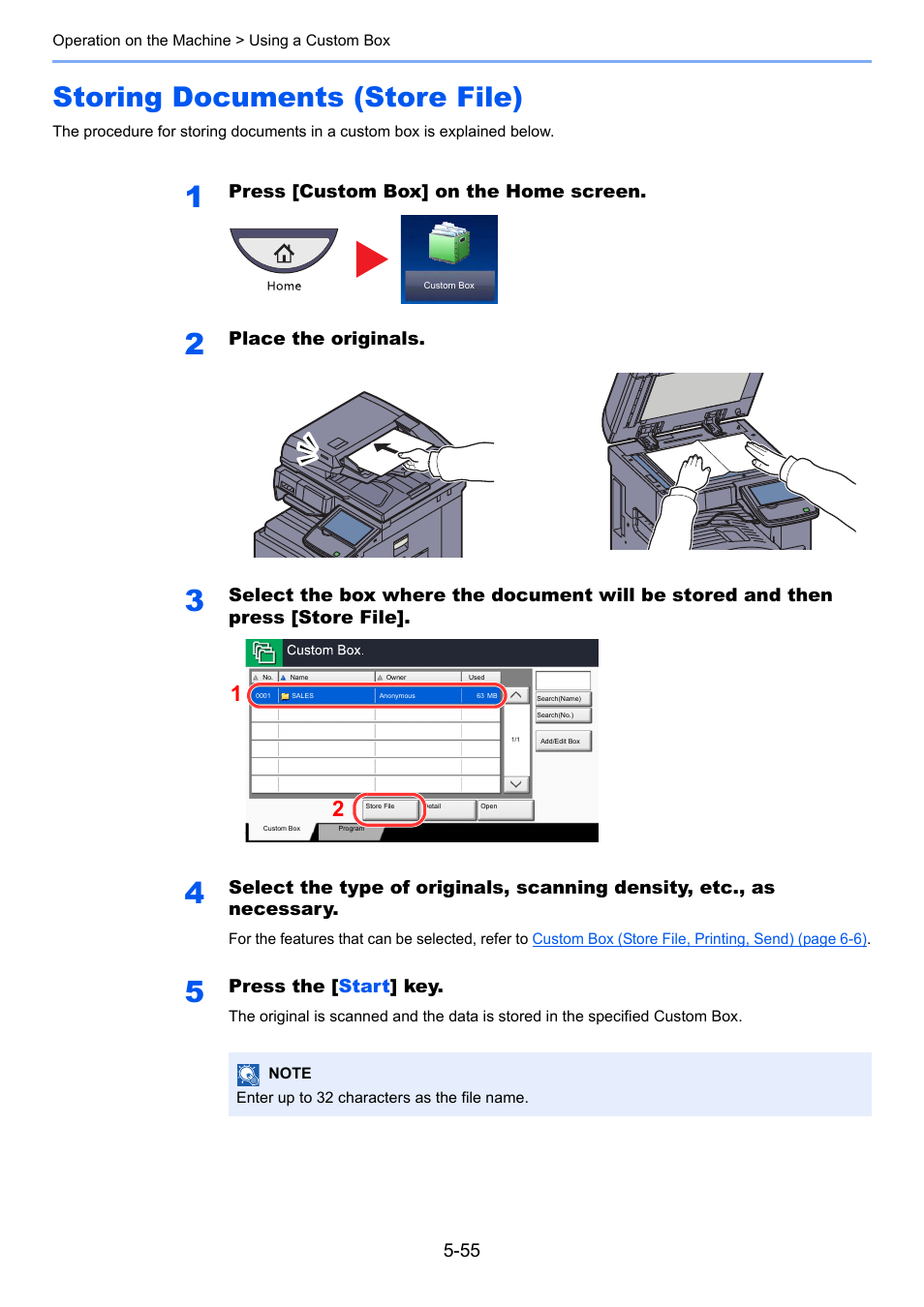 Storing documents (store file), Storing documents (store file) -55, Press [custom box] on the home screen | Place the originals, Press the [ start ] key | TA Triumph-Adler 3060i User Manual | Page 227 / 526