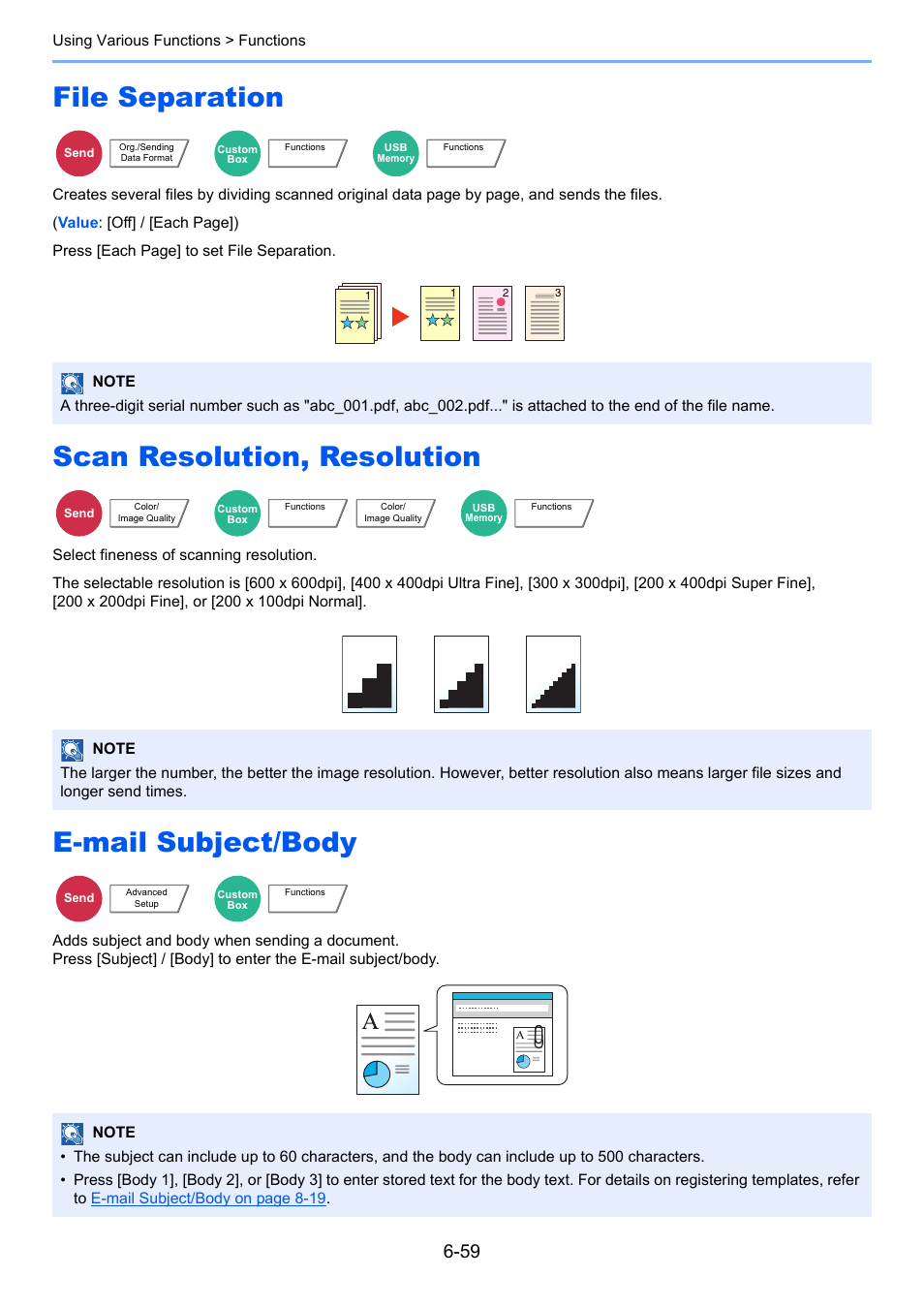 File separation, Scan resolution, resolution, E-mail subject/body | TA Triumph-Adler 3060i User Manual | Page 305 / 526