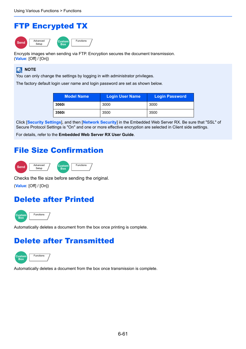 Ftp encrypted tx, File size confirmation, Delete after printed | Delete after transmitted | TA Triumph-Adler 3060i User Manual | Page 307 / 526