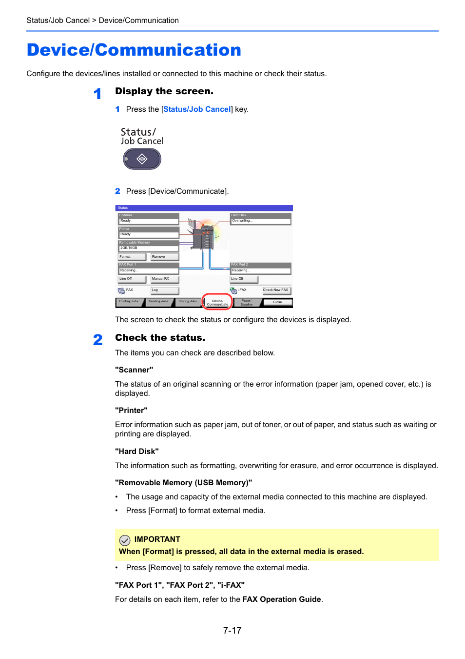 Device/communication, Device/communication -17, Display the screen | Check the status | TA Triumph-Adler 3060i User Manual | Page 327 / 526