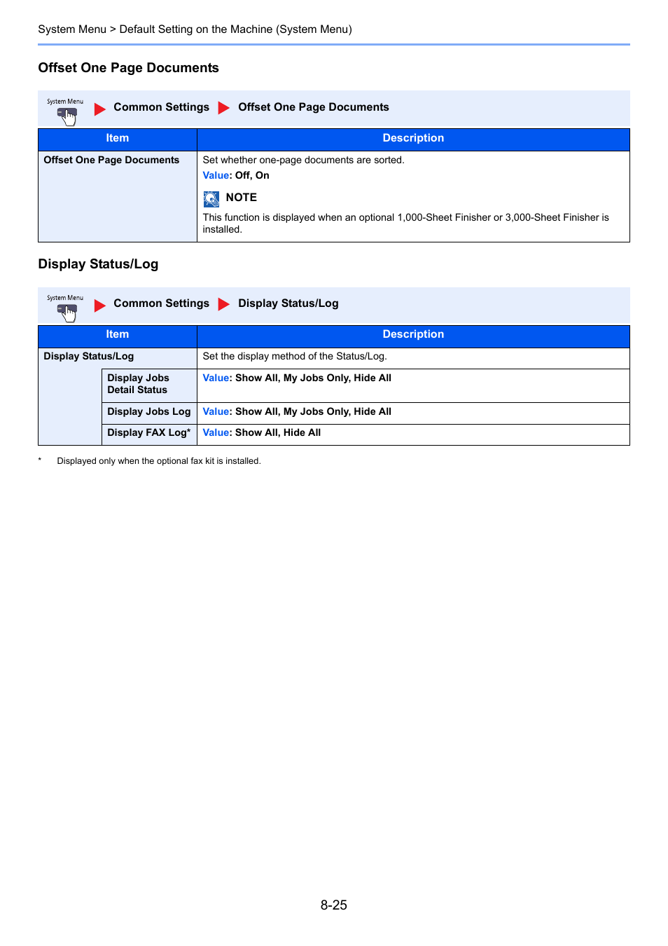 Display status, This settin, Offset one page documents display status/log | TA Triumph-Adler 3060i User Manual | Page 353 / 526