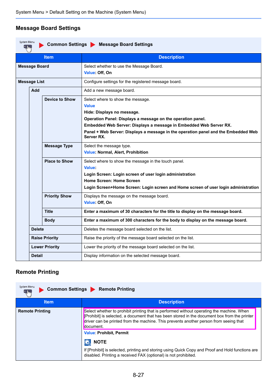 Message board settings remote printing | TA Triumph-Adler 3060i User Manual | Page 355 / 526