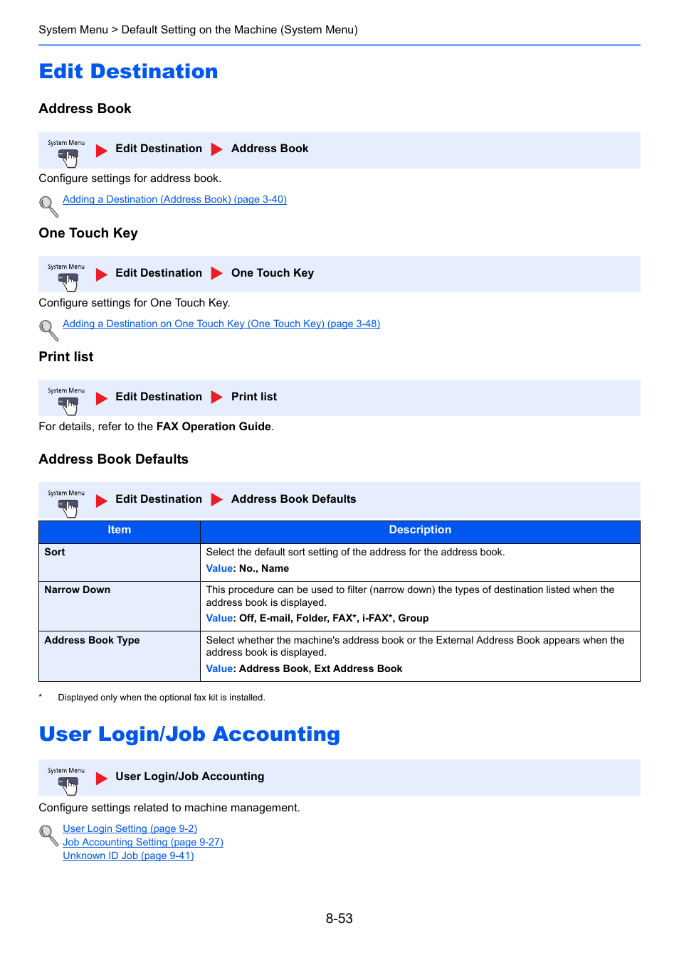 Edit destination, User login/job accounting, Edit destination -53 user login/job accounting -53 | Address book defaults | TA Triumph-Adler 3060i User Manual | Page 381 / 526