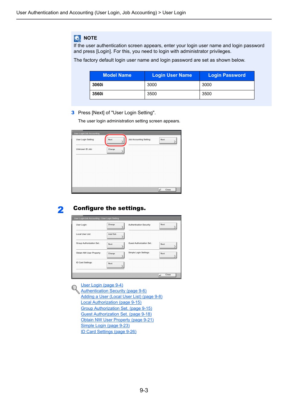 Configure the settings, Model name login user name login password | TA Triumph-Adler 3060i User Manual | Page 391 / 526