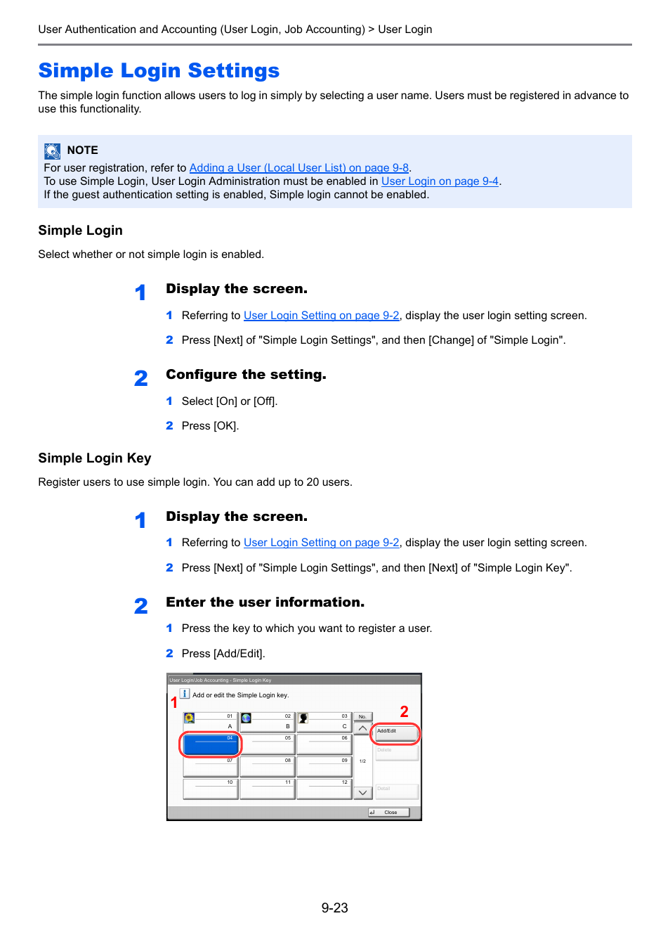 Simple login settings, Simple login settings -23, Simple login settings on | Simple login, Display the screen, Configure the setting, Simple login key, Enter the user information | TA Triumph-Adler 3060i User Manual | Page 411 / 526